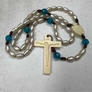 Vintage OLRM plastic silver & blue rosary beads Catholic prayer beads Christian